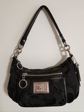 Coach Y2K Poppy Shoulder Bag C Monogram Canvas Patent Leather Authentic Black